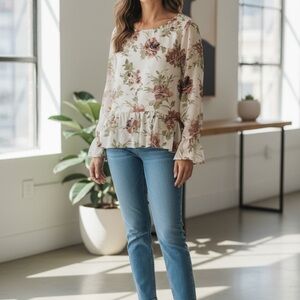 Gibson Cream Blouse with Pink and Green Floral Design